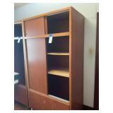 Brown Painted Wooden Storage Cabinet with Sliding Doors and Shelves