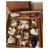 Assorted Ceramic Figurines in Wooden Shadow Box Display Shelf