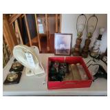 Assorted Household Decor and Collectibles Lot Including Weather Station, Lamps, Fan, and Glassware