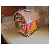 Ceramic Red Barn Cookie Jar with Autumn Harvest Motifs
