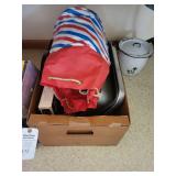 Mixed Box Lot of Kitchenware and Collectibles Including Cornwall Hot Electric Tray and Enamelware
