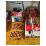 Lot of Household Items Including Two 4-Foot Pre-Lit Nordic Pine Trees, Crocheted Blanket, and Boxed Miscellaneous Items