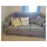 Blue Plaid Upholstered Sofa with Skirt