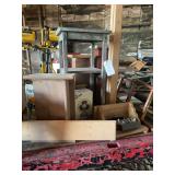 Lot of Assorted Workshop Items Including Small Wooden Stand, Fan, and Tool Box