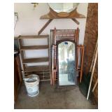 Assorted Household Furniture and Decor Lot including Shelving Unit, Mirrors, and Bed Frame