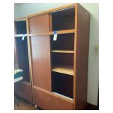 Brown Wooden Cabinet with Sliding Doors and Interior Shelves