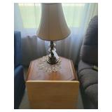 Hexagonal Wooden Accent Table with Carved Panels and Matching Lamp