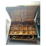 Costume Jewelry Collection in Gold Tone Box with Necklaces Brooches and Earrings