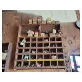 Large Wooden Hardware Bin with Assorted Fasteners, Bolts, and Original Boxes