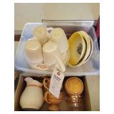 Mixed Lot of Ceramic and Glass Tableware, Bowls, Cups, and Pitchers