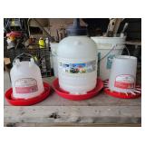 Lot of Three Plastic Poultry Waterers and Feeder (5-Gallon, 1-Gallon, and 7-Pound)