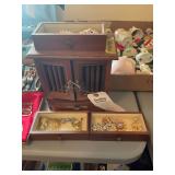Wooden Jewelry Armoire with Assorted Costume Brooches and Pins