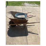 Two Metal Wheelbarrows with Wooden Handles and Rubber Tires