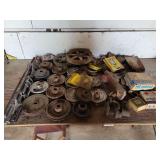 Assorted Industrial Pulleys, Threaded Rods, Hardware, and Repair Kits