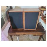 Pair of Wooden Audio Speakers with Black Fabric Grilles