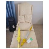 Wingback Accent Chair with Ottoman, Two Umbrellas, and Cast Metal Heater