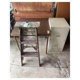 Wooden Step Stool, Folding Table, and Two-Drawer Filing Cabinet Lot