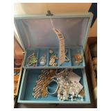Assorted Costume Jewelry Lot with Light Blue Jewelry Box