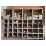 Large Wooden Hardware Bin with Assorted Fasteners, Bolts, and Hardware Stock