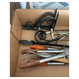 Box Lot of Assorted Garden Tools, Heavy Duty Brackets, and Wrought Iron Scrollwork