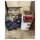 Assorted Christmas Decor Lot Including 6 Foot Pre-Lit Porch Tree, Rope Light Snowflakes, Ornaments, and Figures