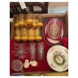 Box Lot of Assorted Glassware and Dinnerware Including Amber Striped Tumblers and Floral Plates