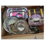 Assorted Silverplated Serving Trays, Bowls, and Candlestick Set with International Silver Company Box