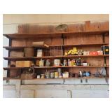Assorted Garage Workshop Shelving Contents with Automotive Supplies, Tools, and Collectibles