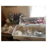 Large Assortment of Household Kitchenware, Glassware, and Collectibles in Bins