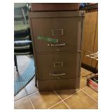 Metal Two-Drawer Filing Cabinet with Contents Including Belt Pulley Magazines and Cookbooks
