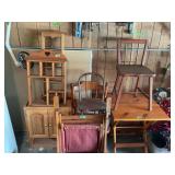 Assorted Wooden Furniture Lot Including Chairs, Shelves, and Table