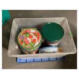 Assorted Lot of Christmas Storage Tins and Fabric Pieces