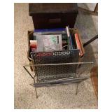Metal Magazine Rack with Box of Assorted Books and Binders