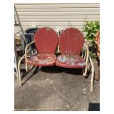 Red Metal Double Glider Lawn Chair with Slatted Backs