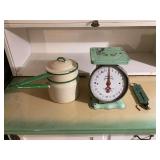 Group of Three Kitchen Scales and Enamelware Double Boiler