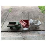 Assorted Toys Grouping Including Pressed Steel Dump Truck, Doll Stroller, and Wicker Doll Buggy