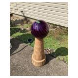 Purple Swirl Glass Gazing Ball with Carved Terra Cotta Pedestal Stand