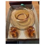 Amber Depression Glass Centerpiece Bowl and Matching Candlestick Set