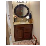 Bathroom Vanity Lot with Sink, Faucet, Mirror, Toiletries, and Accessories