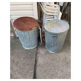 Two Galvanized Metal Trash Cans with Lids