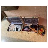 Two Hard-Shell Suitcases with Miscellaneous Toys, Hats, and Character Decor
