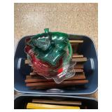 Plastic Holiday Serving Trays and Wooden Slats in Storage Bin