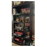 Wooden Bookcase with Assorted Collectibles, Toys, Books, and Household Items