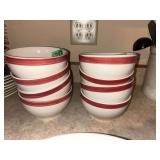 Set of Eight Ceramic Bowls with Red Striped Rim