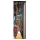Assorted Garage Tools, Brooms, and Hand Saws