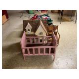 Wooden Dollhouse Miniature Furniture and Pink Doll Bed Lot
