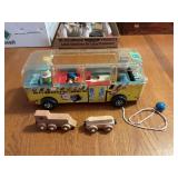 Wooden Toy School Bus with Figures and Wooden Train Cars