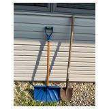 Lot of Two Shovels including Blue Plastic Snow Shovel and Metal Digging Shovel with Wooden Handles