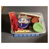 Assorted Christmas Decor and Storage Tins in Plastic Tote