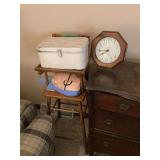 Wooden High Chair with Metal Box, Wall Clock, and Decorative Pillow Lot